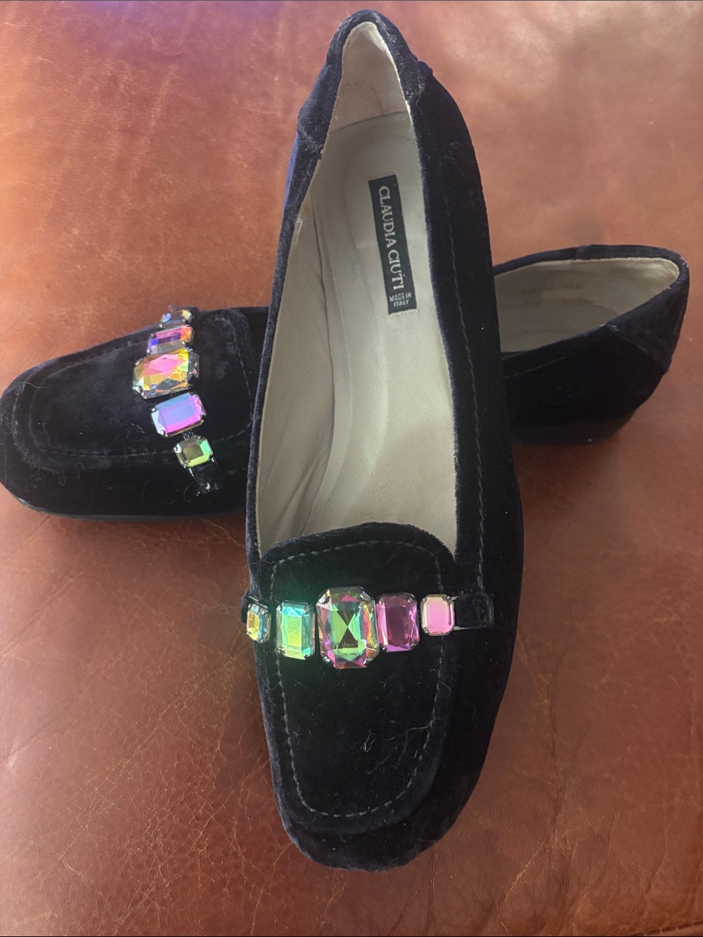 Claudia Ciuti Black Velvet Jewel-Embellished Loafers